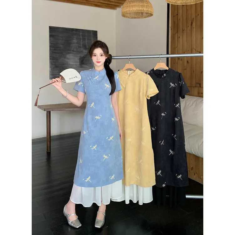 2026 夏季新款胖mm 大码女设计感新中式拼接连衣裙 22233