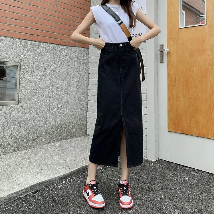 早秋夏季长裙牛仔半身女小个子中长款显瘦前开叉高腰A字牛仔裙