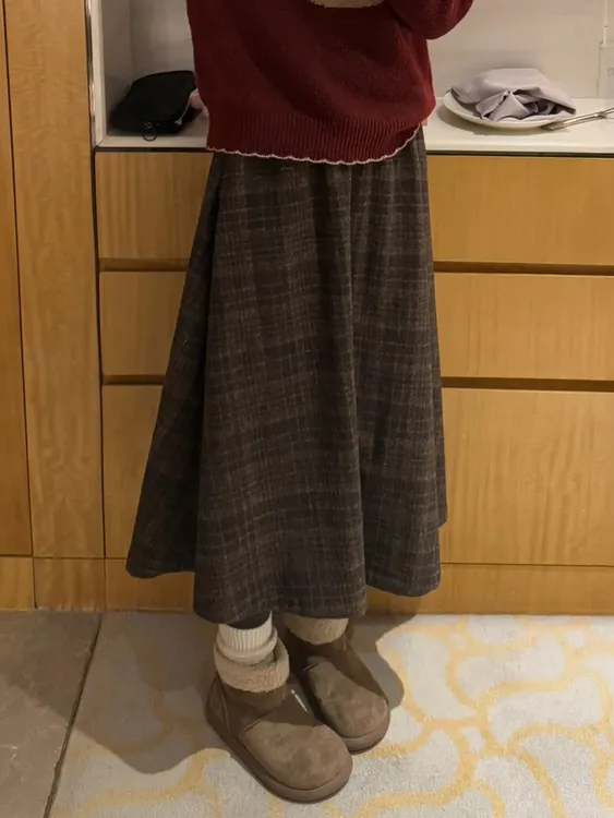 复古毛呢格子半身裙女秋冬新款大码胖mm宽松显瘦遮胯a字伯克利裙