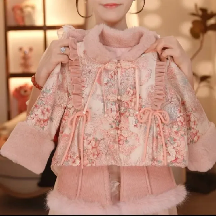 秋冬民族风女宝厚款秋冬款套装女童加绒汉服冬季年服中国风外套
