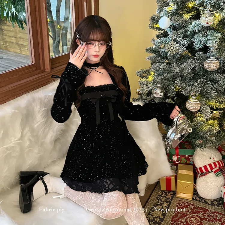 玫瑰果酱黑色 织物猪原创 秋冬新年氛围感公主千金显瘦连衣裙