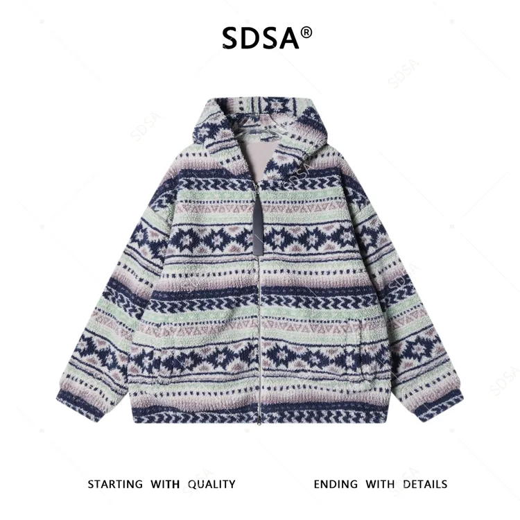 SDSA男士秋冬新款痞帅男装美式撞色提花拉链连帽卫衣百搭宽松上衣