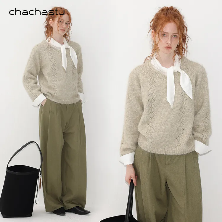 CHACHASTU【衣橱】棉花糖糯感加厚 复古镂空花纹交织套头毛衣XX6120