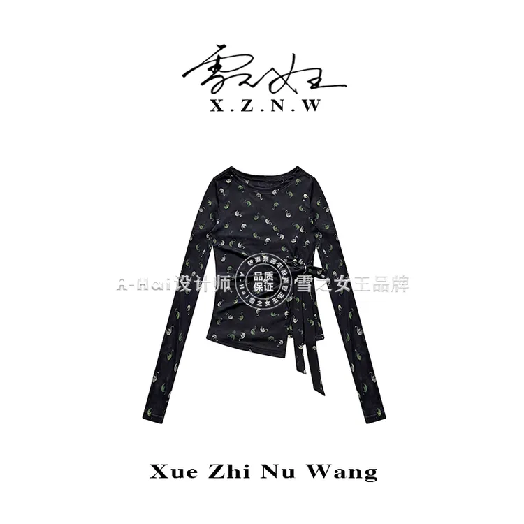 A Hai【天鹅絮语】长袖秋季新款印花不规则绑带网纱T恤女时尚上衣