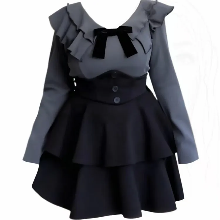 胖鑫家大码甜酷风蝴蝶结上衣+毛呢束腰半身裙两件套装9332+9333