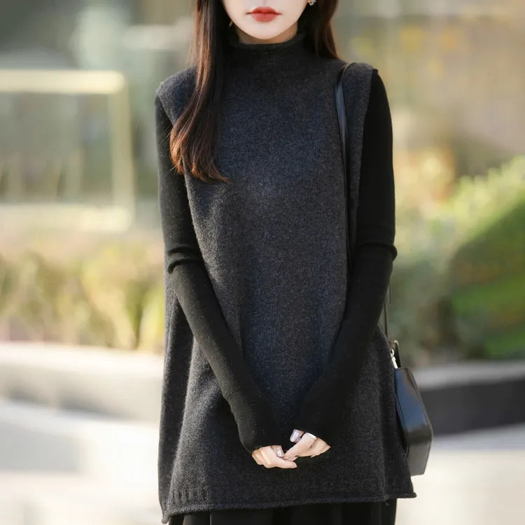 法式慵懒风半高领叠穿加厚针织马甲女秋冬保暖无袖中长款毛衣马夹