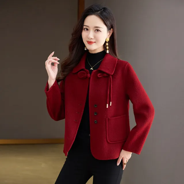 酒红色短款双面羊绒大衣女2025年新款秋冬濮院小个子羊毛呢子外套