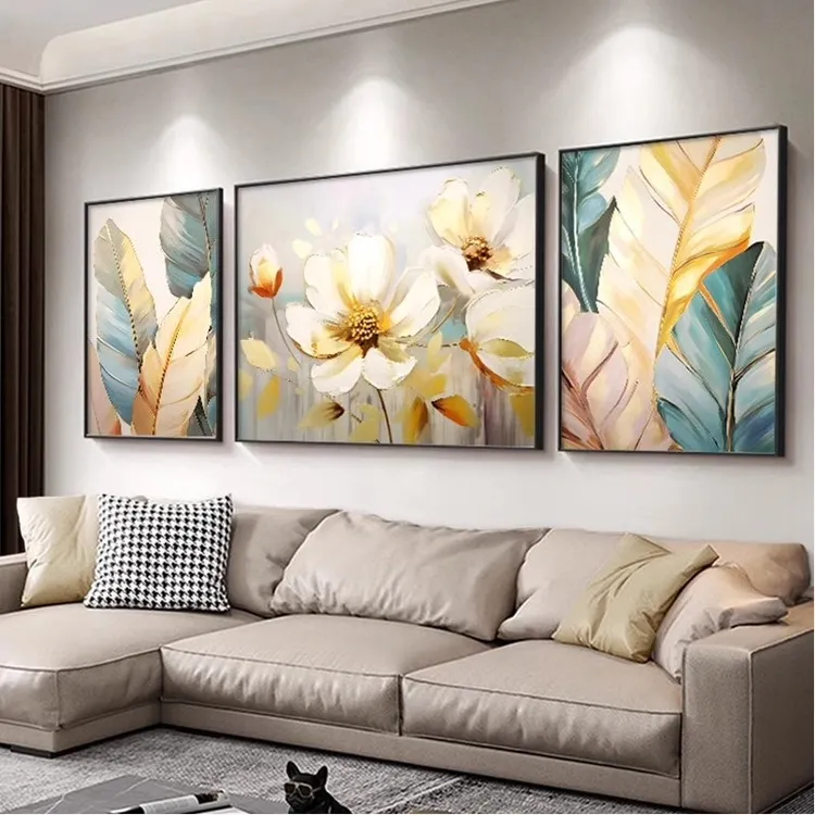 包安装轻奢风格植物花卉客厅装饰画抽象三联客厅沙发背景墙壁挂画