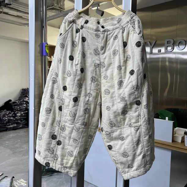 新款简约百搭绗线松紧腰抽绳棉裤加固小圆点印花