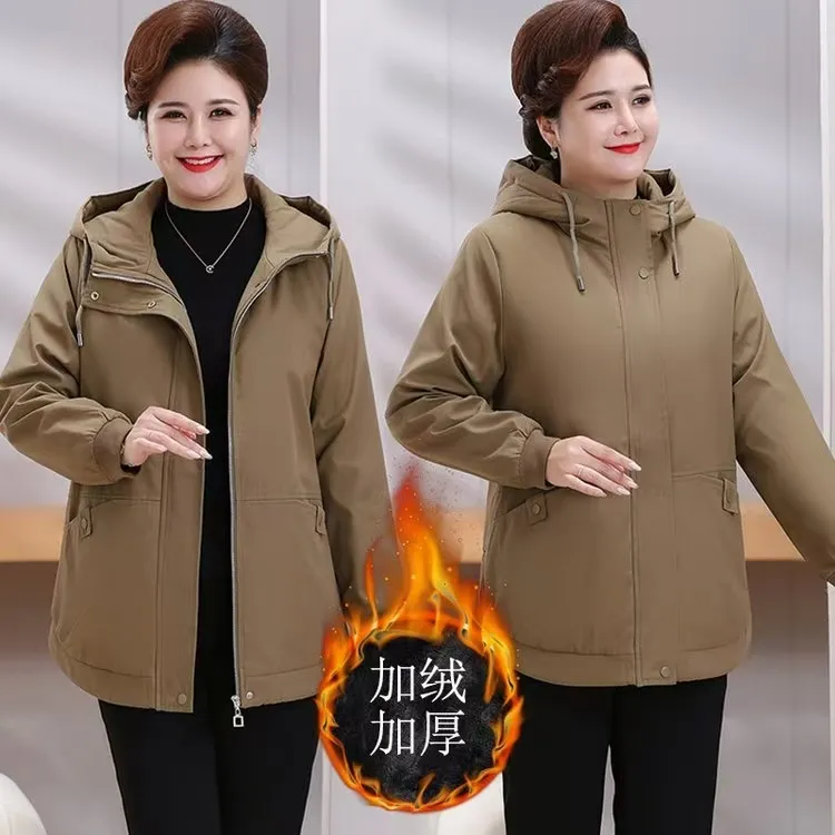 中老年大码秋冬外套风衣连帽加绒加厚外套宽松中长款妈妈装