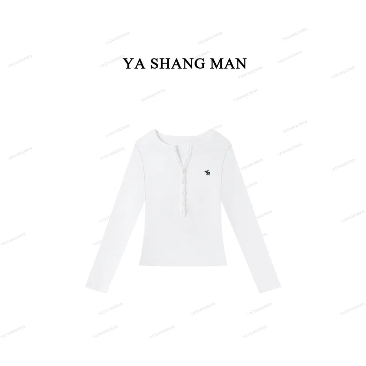 【简扣设计】YASHANGMAN 新款纯色刺绣纽扣半开领修身百搭长袖 2595