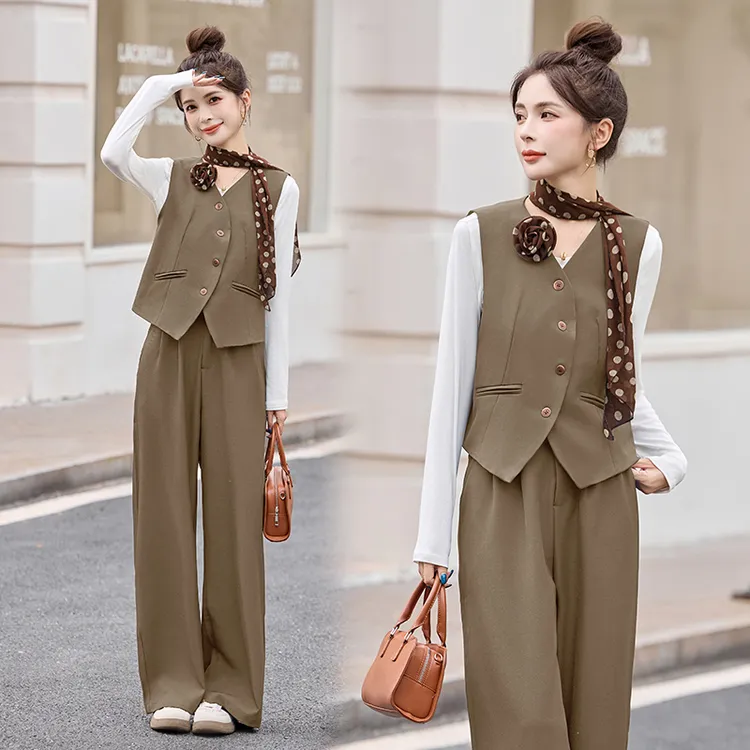 法式气质V领马甲套装女2025年春秋新款休闲时尚宽松阔腿裤两件套
