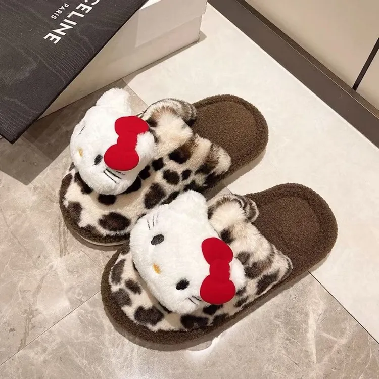 2025新款哈喽kt拖鞋豹纹室内加绒加厚冬季防滑保暖软底棉拖可爱