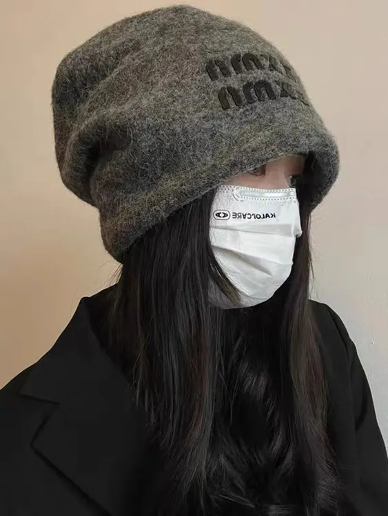 慵懒风灰色百搭堆堆帽女秋冬季大版加厚保暖护耳包头帽套头月子帽