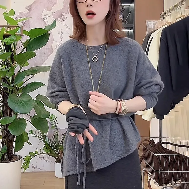 灰色气质毛衣针织衫女秋冬慵懒风高级感系带收腰软糯修身显瘦上衣