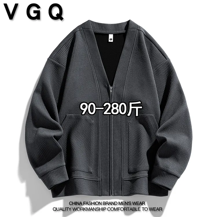 VGQ男士V领夹克秋季加肥加大胖子纯色百搭潮流休闲拉链外套上衣服