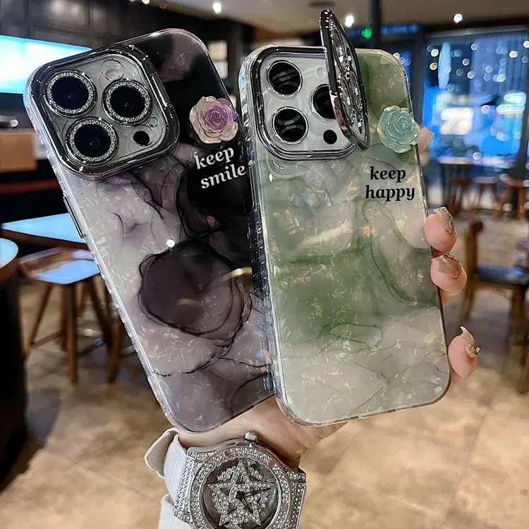 适用苹果系列iPhone16新款手机壳晕染立体山茶花银灰闪粉镜头支架