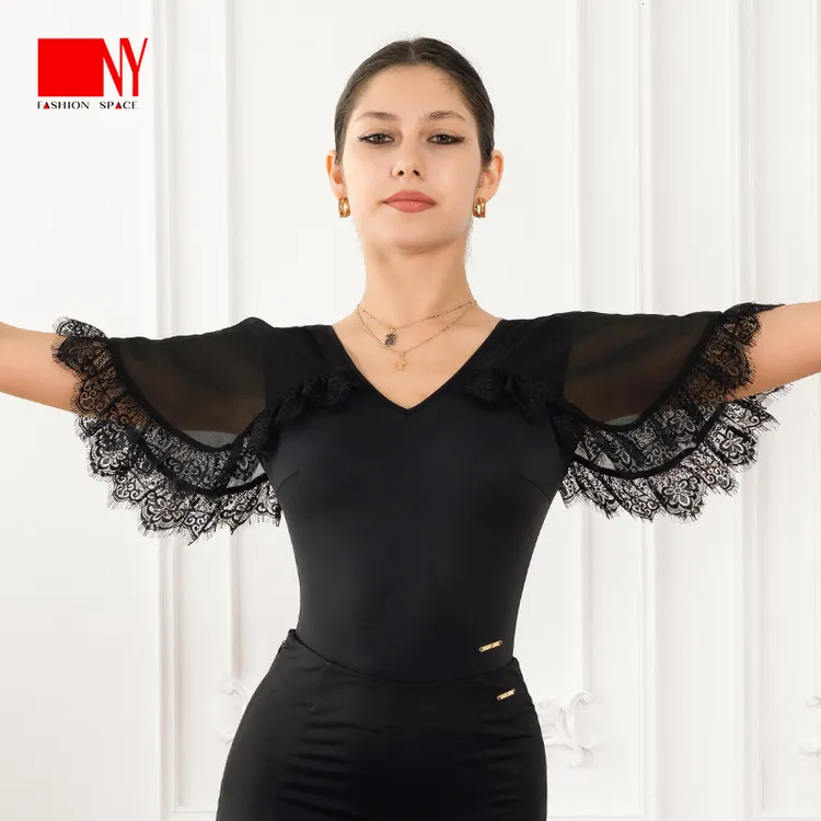 NY25218S纳艺女士蝴蝶袖上衣睫毛蕾丝花边国标摩登舞交谊舞练功服