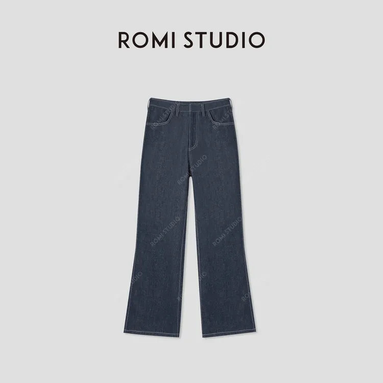 ROMI STUDIO“老钱静奢”独特平纹高腰藏蓝色微喇牛仔裤RWCSXD3842
