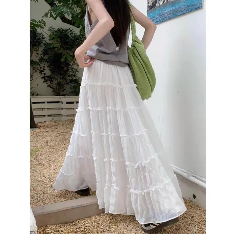 法式慵懒感蛋糕裙白色a字半身裙夏季新款百搭薄款长裙
