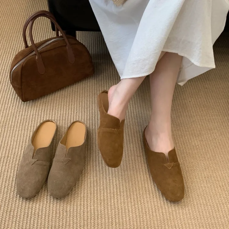包头平跟方头平底半拖2025包头拖时尚ins反绒复古休闲风凉拖鞋