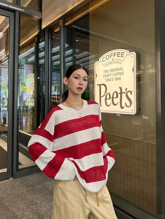 日系M家2025秋季新品宽松镂空钩花慵懒休闲风条纹撞色毛针织衫女