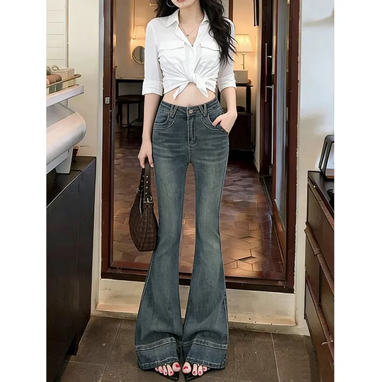 蜜蜜穿搭加绒加厚复古拼接微喇叭牛仔裤女冬高腰修身A字版马蹄裤