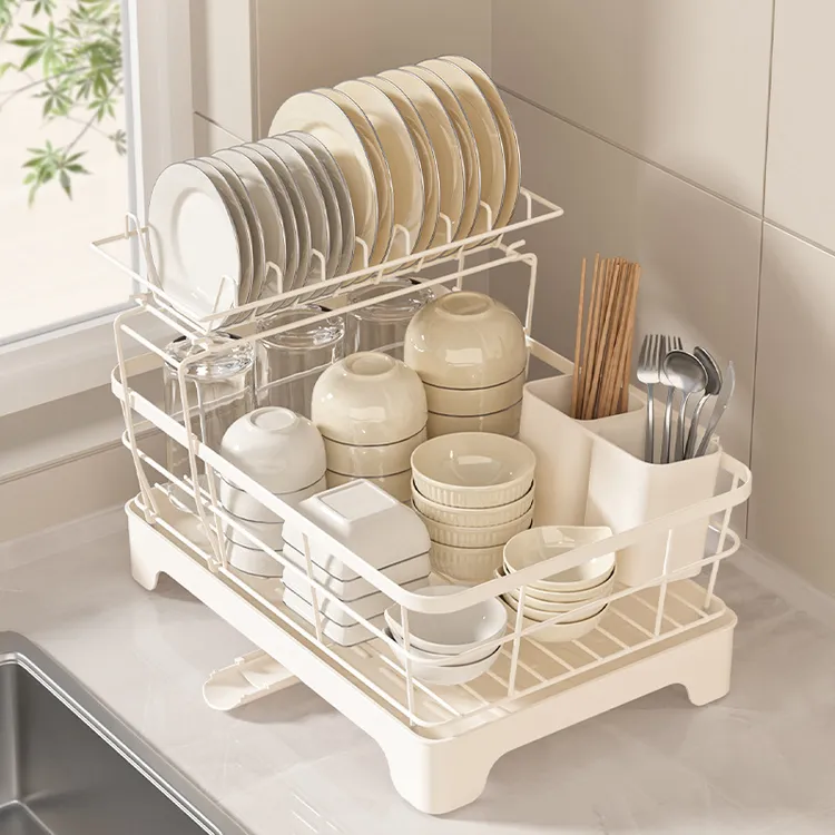 沥水碗架家用碳钢放碗碟收纳架厨房置物架筷子筒双层碗盘沥水架