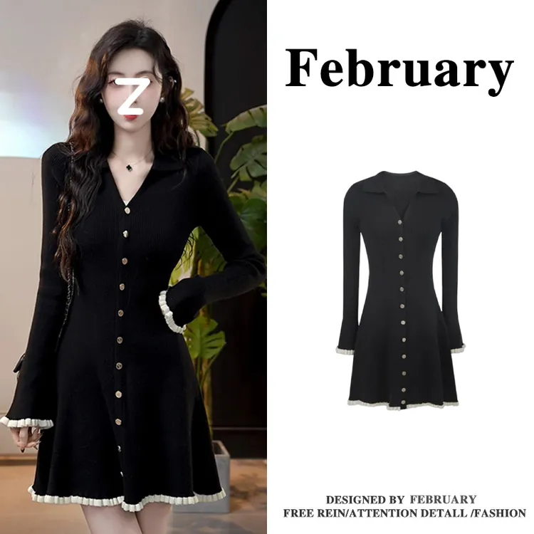 大码小香风法式v领显瘦修身针织裙女喇叭袖气质排扣秋冬a字连衣裙