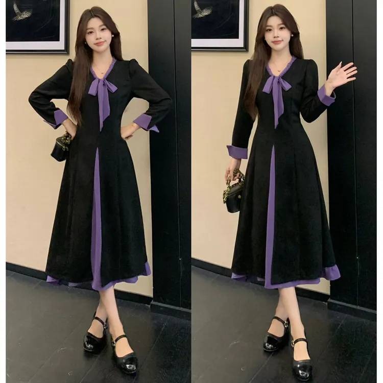 大码胖mm秋季新款法式长袖宽松显瘦黑色中长裙设计感连衣裙女