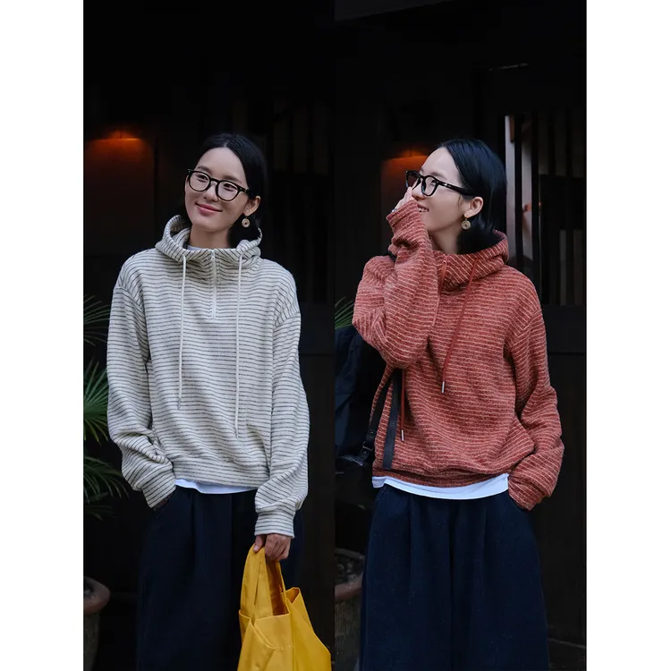 麻霖冬新品柔软亲肤可机洗细条纹半拉链套头上衣连帽卫衣