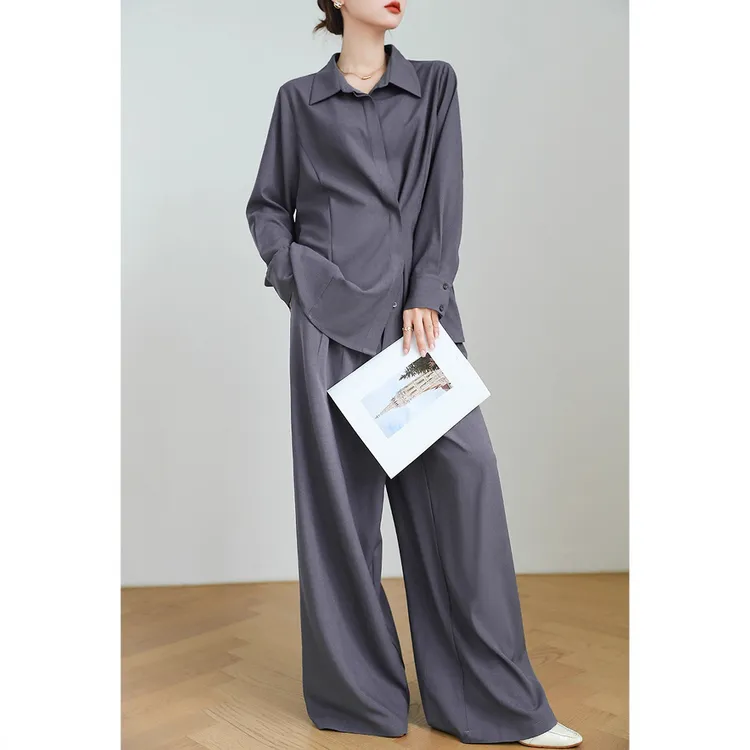 大码女装灰色衬衫阔腿裤套装胖mm老钱风复古宽松休闲两件套25125
