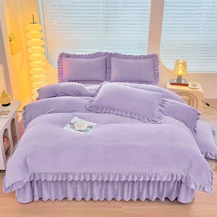 韩版加厚保暖双面牛奶绒四件套纯色花边公主风加绒床上用品被套