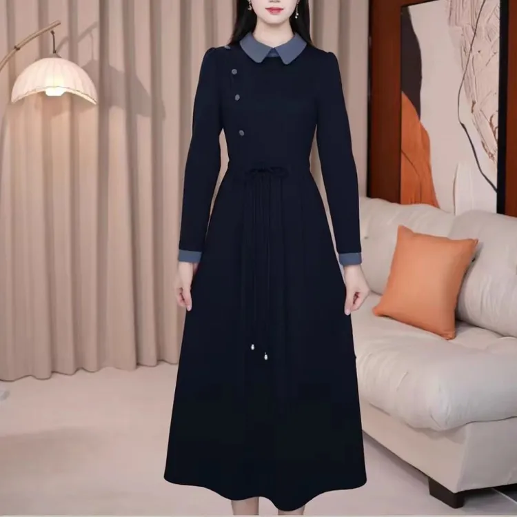 连衣裙显瘦气质长袖春秋时尚收腰女装连衣裙显瘦气质长袖假两件