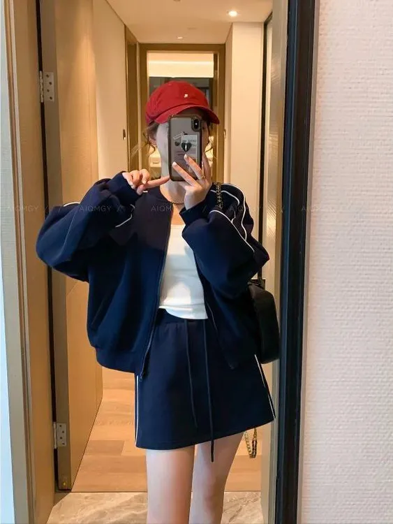 休闲运动套装女秋冬显瘦高洋气夹克外套短裙裤气质减龄两件套卫衣