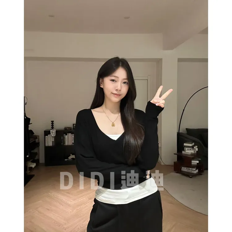 【DIDI】美式复古真两件长袖t恤秋季新款设计感小众辣妹打底衫上衣