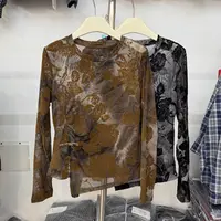 植绒网纱长袖T恤女2025秋季新款修身显瘦开叉圆领打底衫上衣