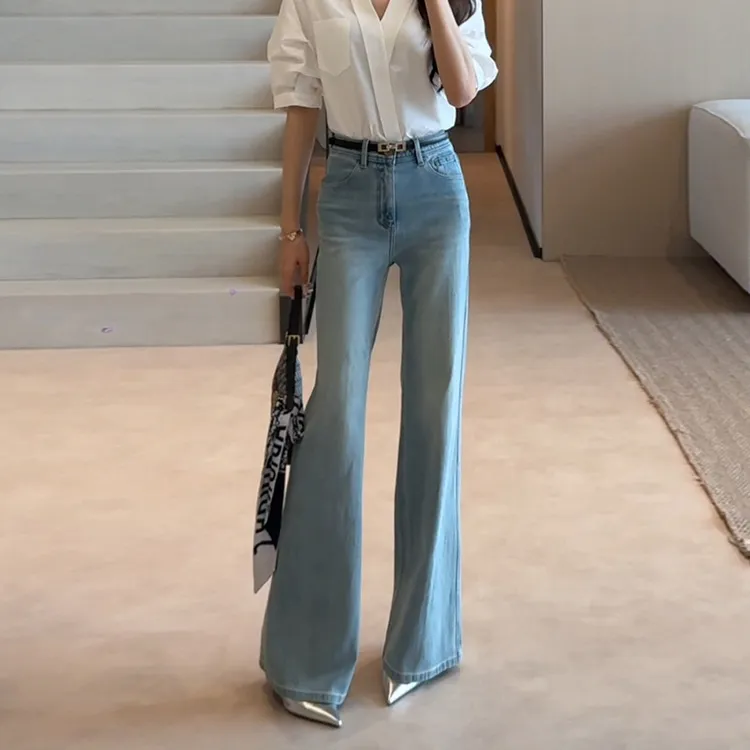浅色气质复古高腰微喇牛仔裤女2025秋季新款弹力显瘦直筒喇叭裤