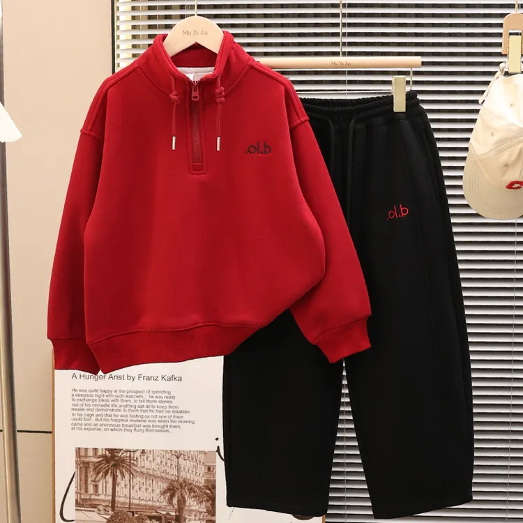 红色儿童加绒卫衣2025新款男女童秋冬装拉链套装宽松加厚保暖洋气