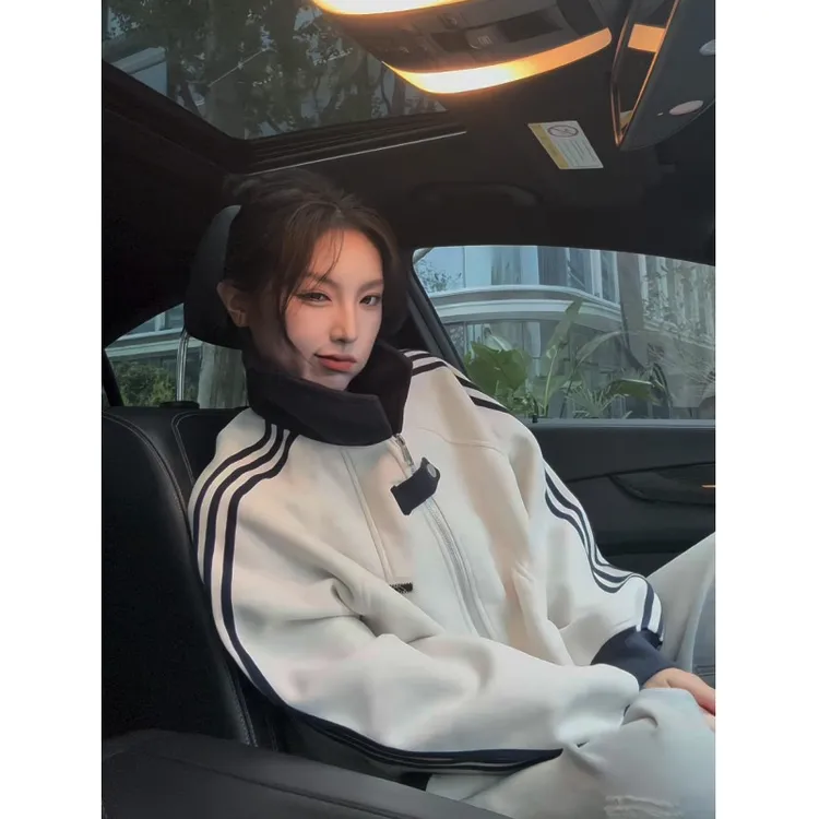 早秋男女同款简约卫衣重磅美式学院风撞色拼接百搭条纹立领夹克