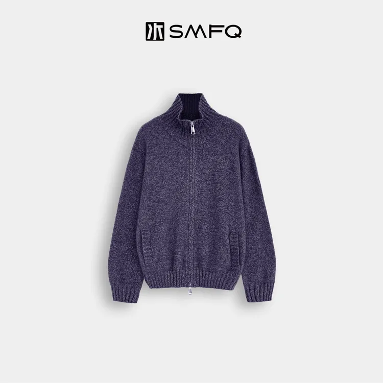 水木夫妻加拿大进口浣熊毛立领花纱双拉链保暖毛衣开衫