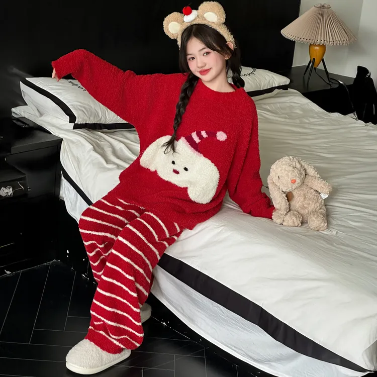 女童半边绒睡衣冬季2025新款儿童女孩秋冬保暖家居服珊瑚绒女大童