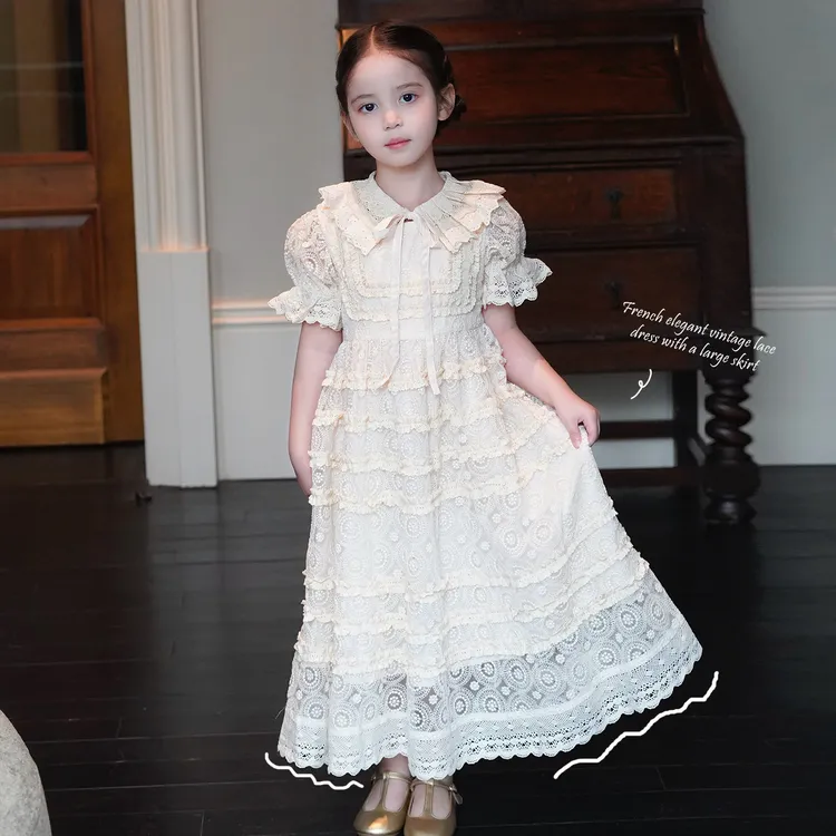 AnnieGirl春季新款法式复古宫廷公主蕾丝连衣裙女童镂空连衣裙