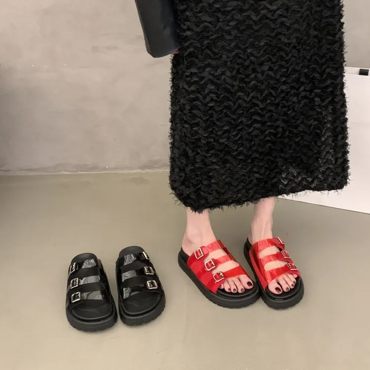 韩版厚底增高一字拖鞋女夏季新款百搭外穿透明胶片皮带扣沙滩凉拖