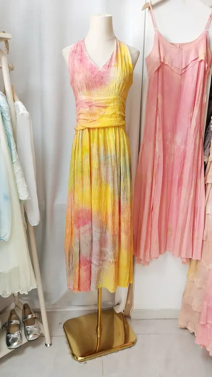 旅游穿搭云南大理植物染纯手工花果染修身连衣裙