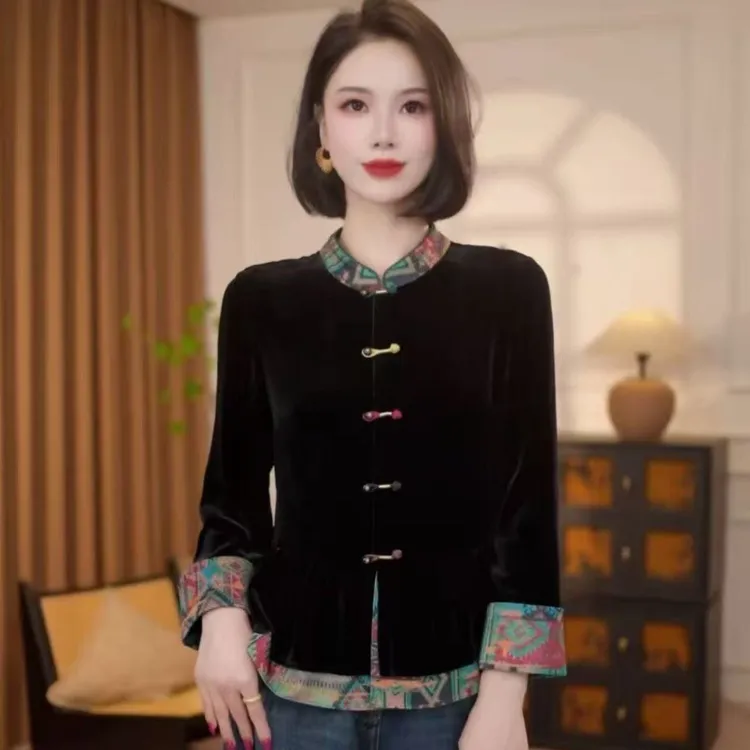 金丝秋季复古常规款印花花纹长袖外套立领网红衬衫修身气质百搭女