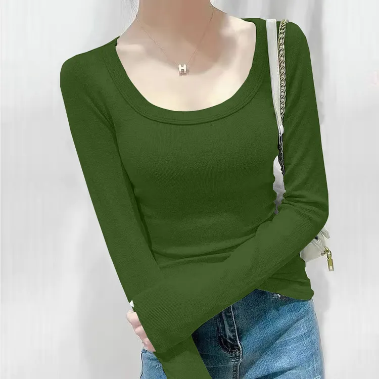 韩版螺纹长袖纯欲风修身百搭T恤秋冬季纯色内搭设计感显瘦打底衫