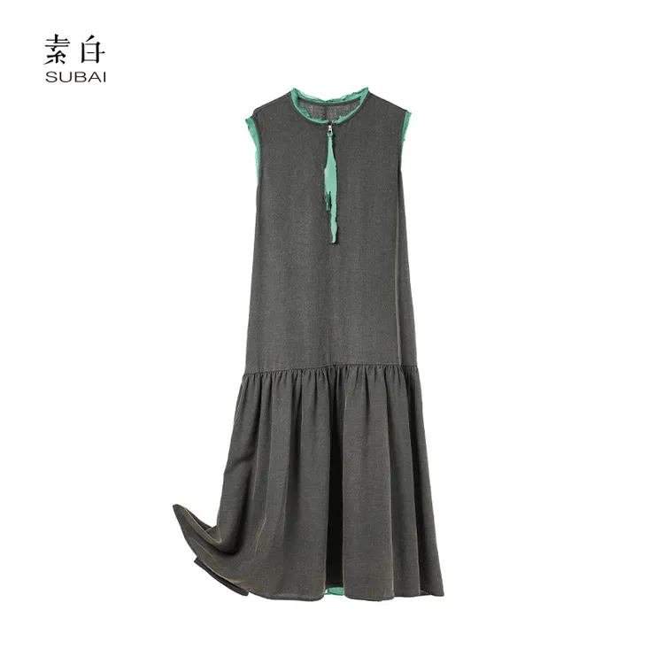 素白【艺术家】D01233时尚气质苎麻天丝毛边撞色背心连衣裙