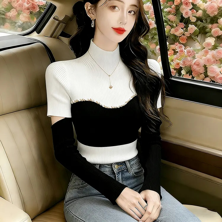 轻熟风显瘦毛衣女士撞色上衣春秋洋气高端镂空拼接长袖针织打底衫