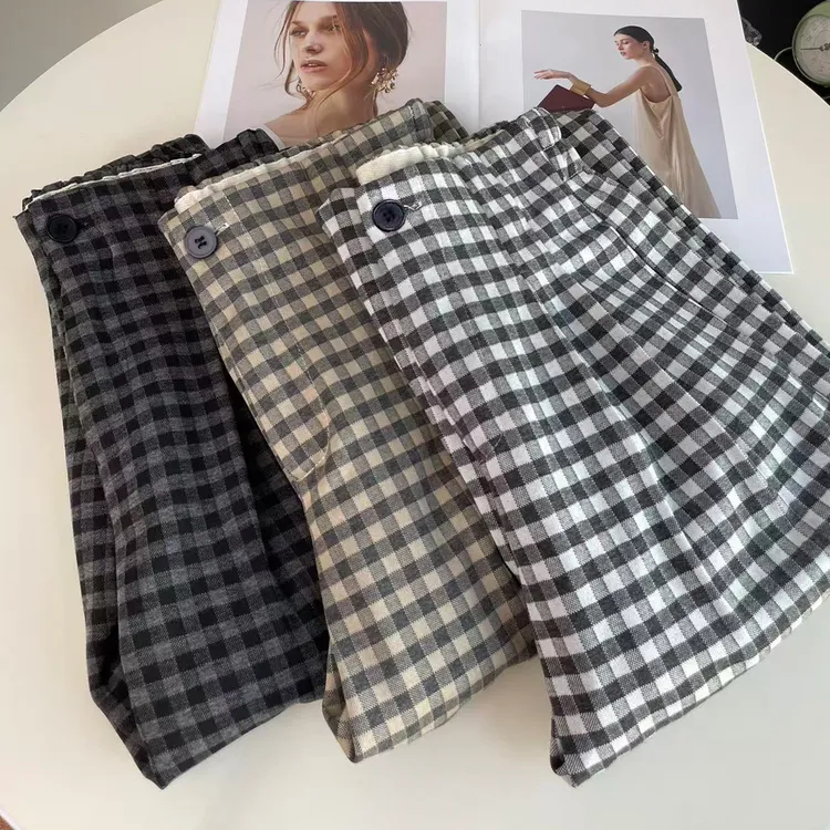 秋冬加绒黑白格子裤女宽松高腰小个子显瘦直筒拖地阔腿休闲裤裤子